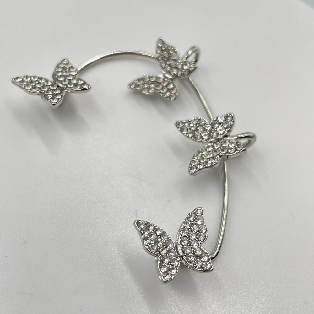 Y2K Silver Tone Rhinestone Butterfly Ear Cuff Wrap Statement Crawler Earring